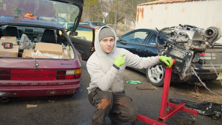 Tom Gorelik shows his Porsche 944 and the Honda K-Series engine he's about to install.
